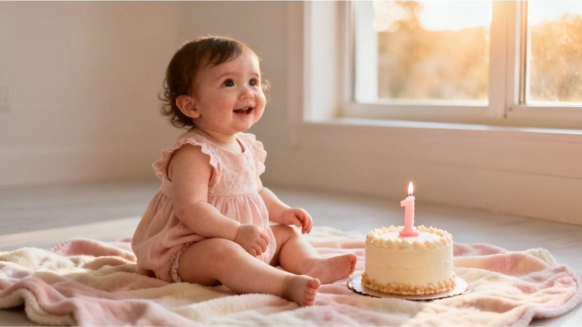 1st birthday wishes for baby girl with cake and single candle