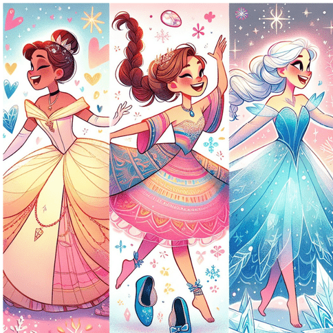 Colorful cartoon illustration of princesses in vibrant dresses