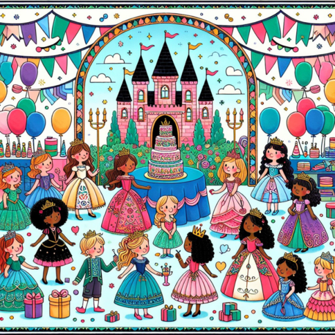 Cartoon princess birthday party scene with castle, balloons, and children