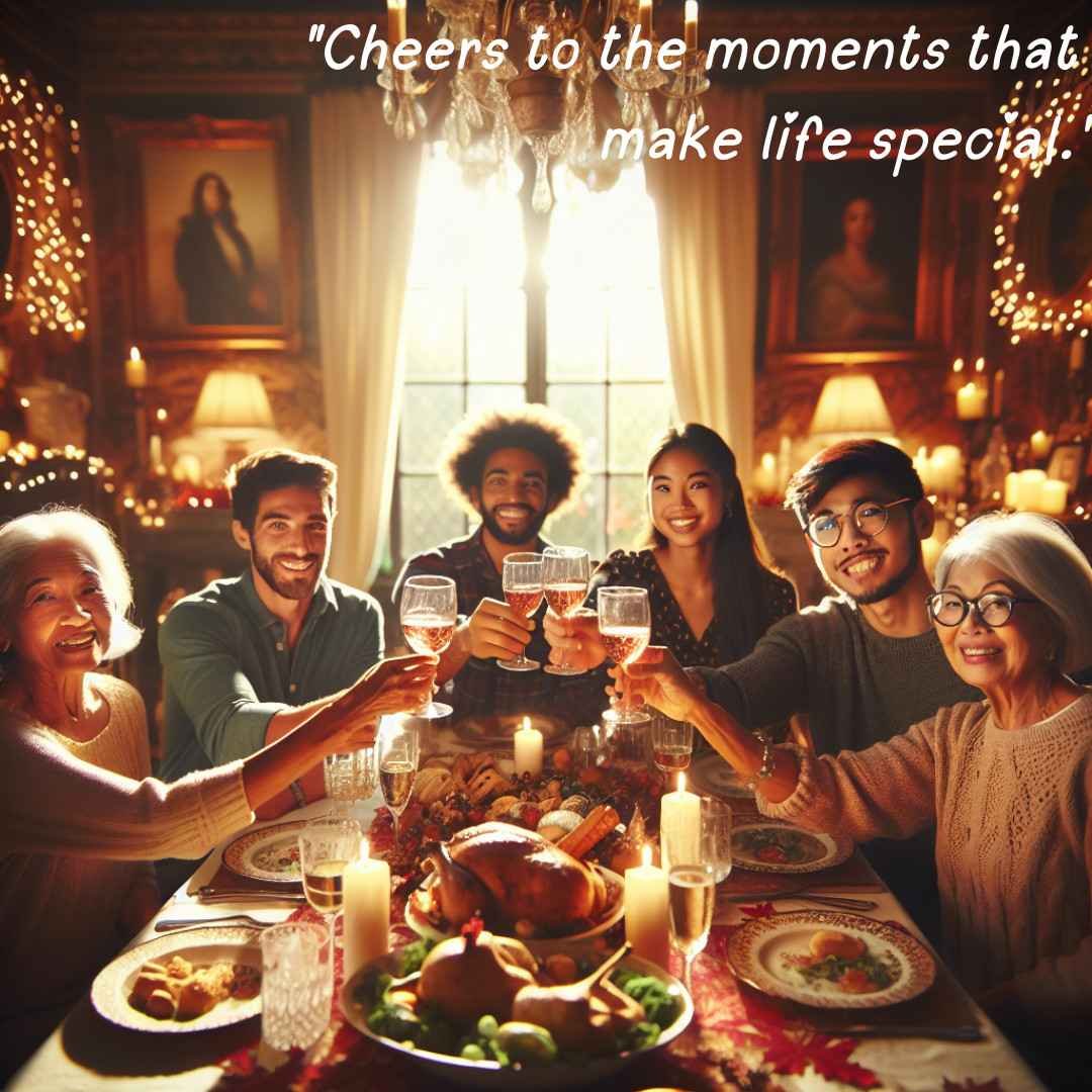 Family raising glasses in a festive dining room, celebrating special moments with joy and togetherness.