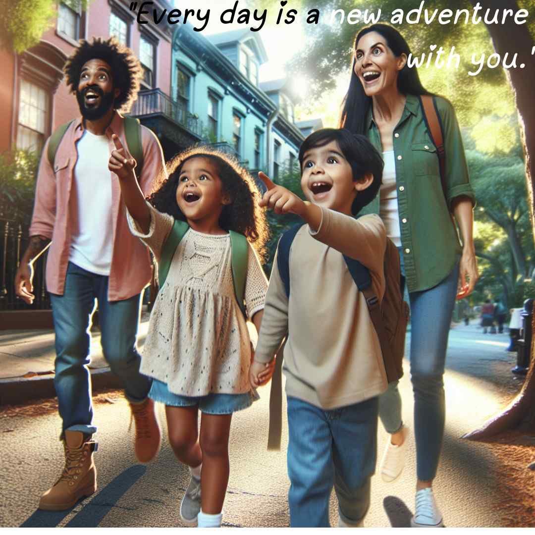 Family walking and exploring a tree-lined street.