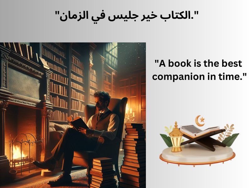 A man reading in a cozy library with Arabic and English text about books.