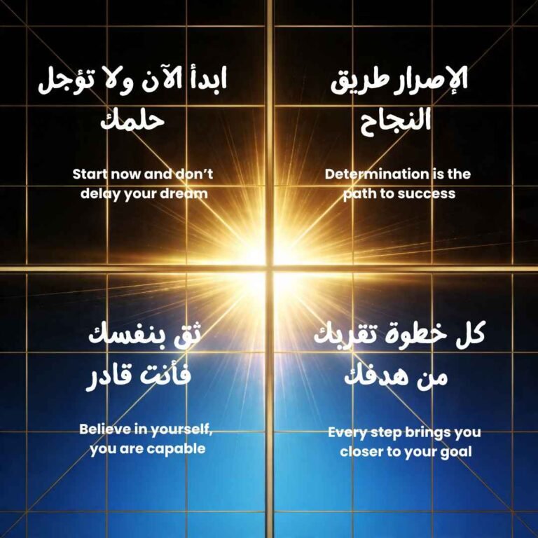 Inspirational Arabic quotes grid with English translations on dark and gold theme