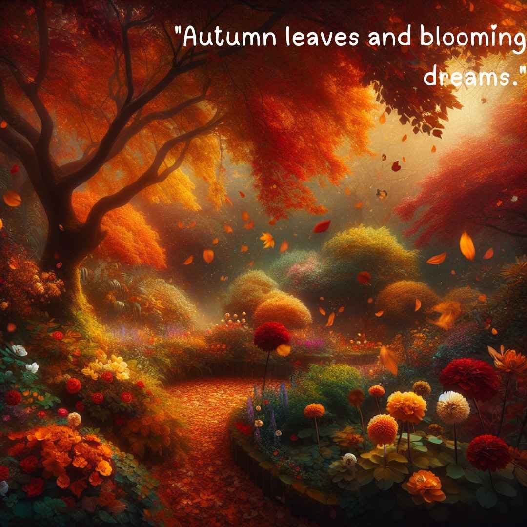 Enchanted autumn forest with falling leaves and blooming flowers under a warm sunset glow