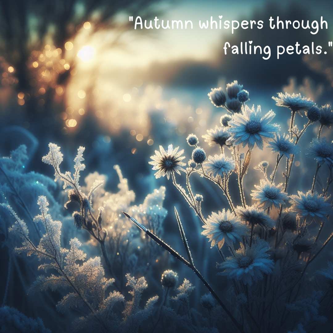 Frost-covered flowers on a winter morning, intending to capture crisp beauty.