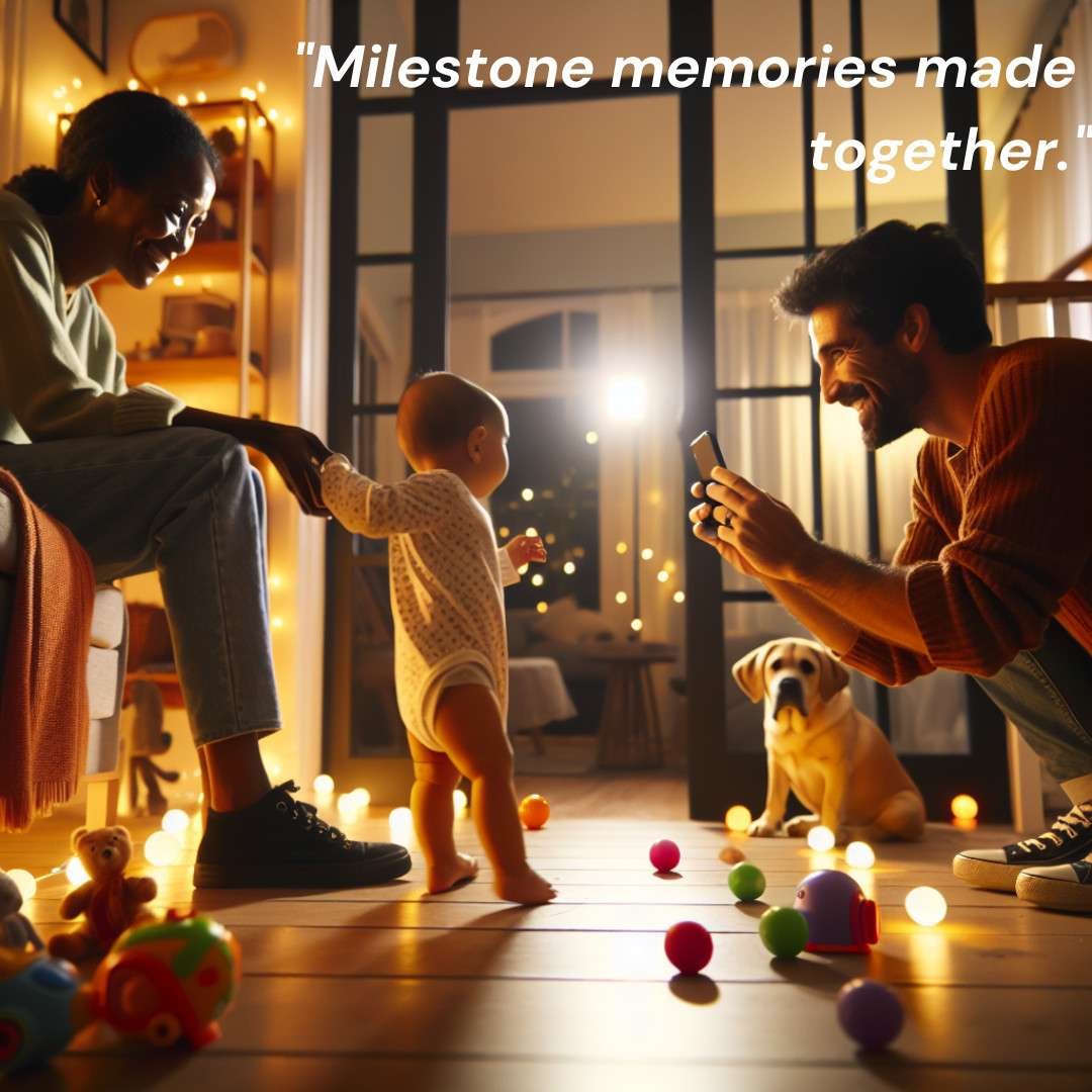 Toddler taking first steps towards a smiling parent, with another family member capturing the moment on a smartphone.