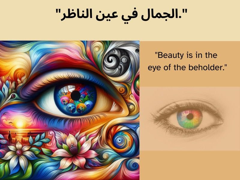 Artistic and realistic depictions of eyes with the Arabic and English quote “Beauty is in the eye of the beholder.”