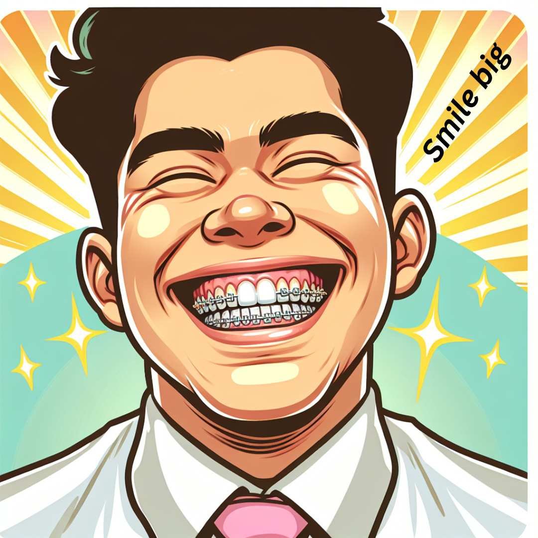 Cartoon-style smiling man with braces radiating joy and positivity