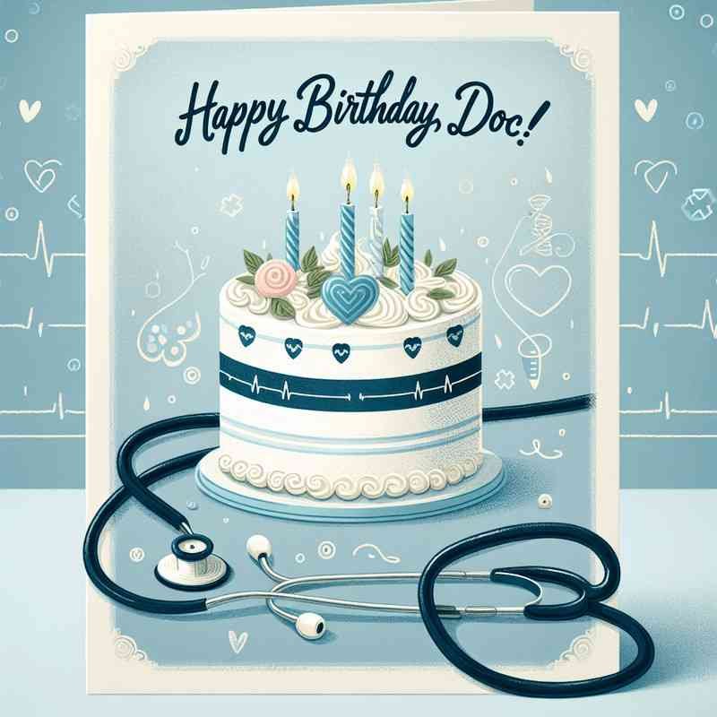 Birthday card for doctor featuring a cake and stethoscope on a blue background