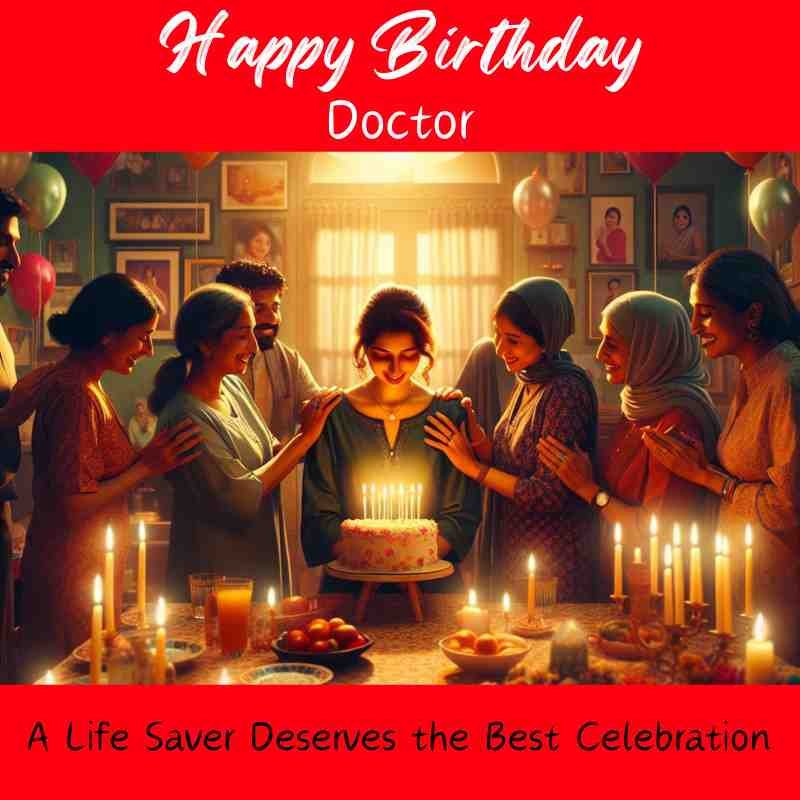 A doctor surrounded by colleagues celebrating a birthday with candles and cake