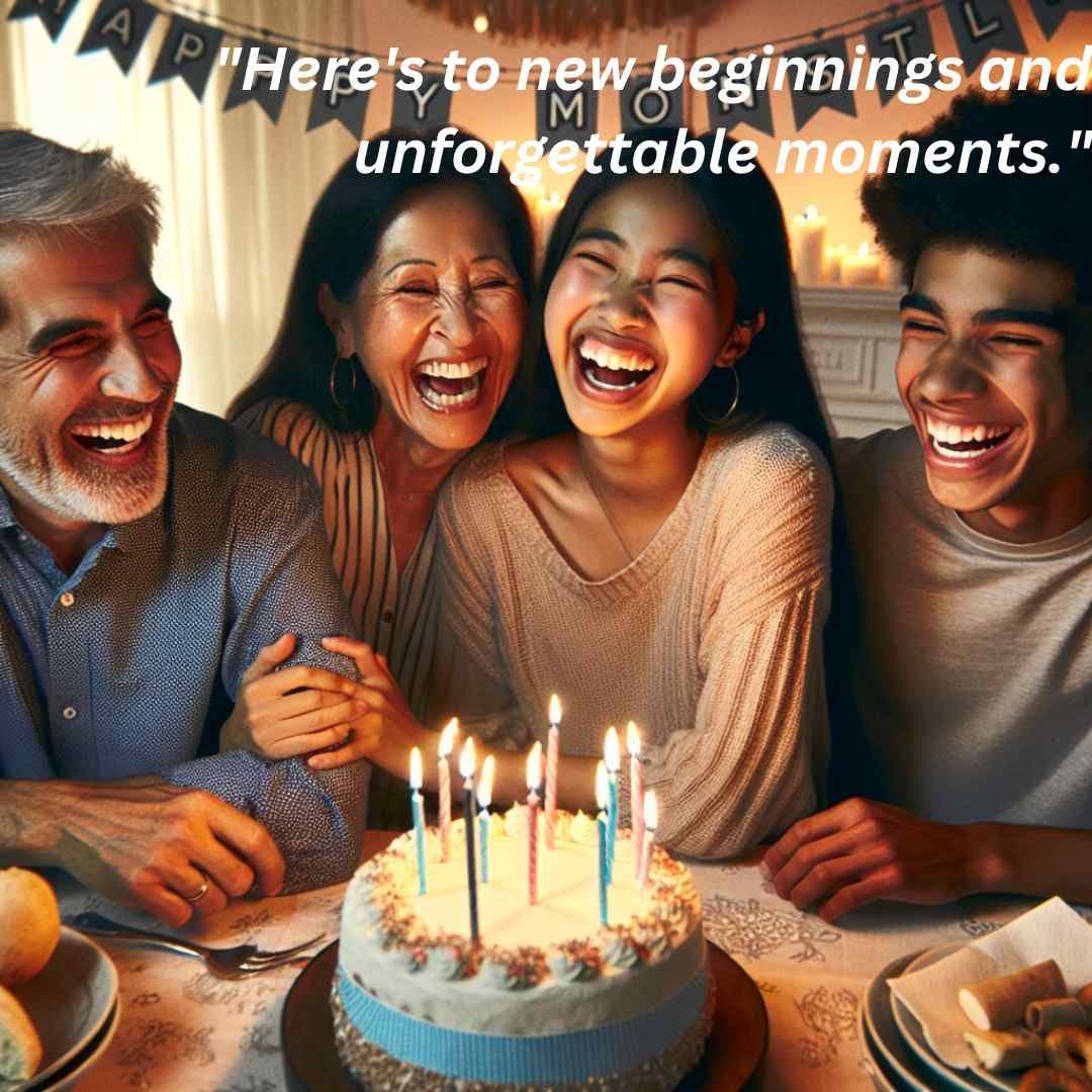 Family gathering around a dining table with a cake and candles, celebrating a meaningful milestone with decorations and shared joy, embodying new beginnings and cherished moments.
