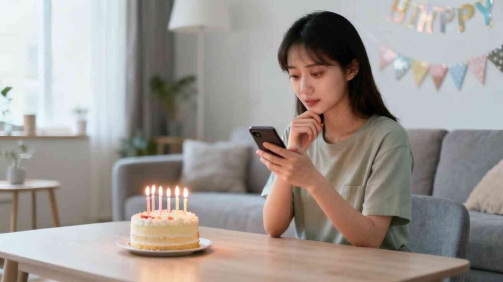 Birthday wishes for ex boyfriend concept with woman thoughtfully writing message near birthday cake