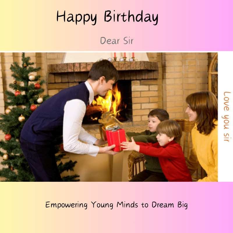 Birthday greeting for a teacher with students presenting a gift by the fireplace