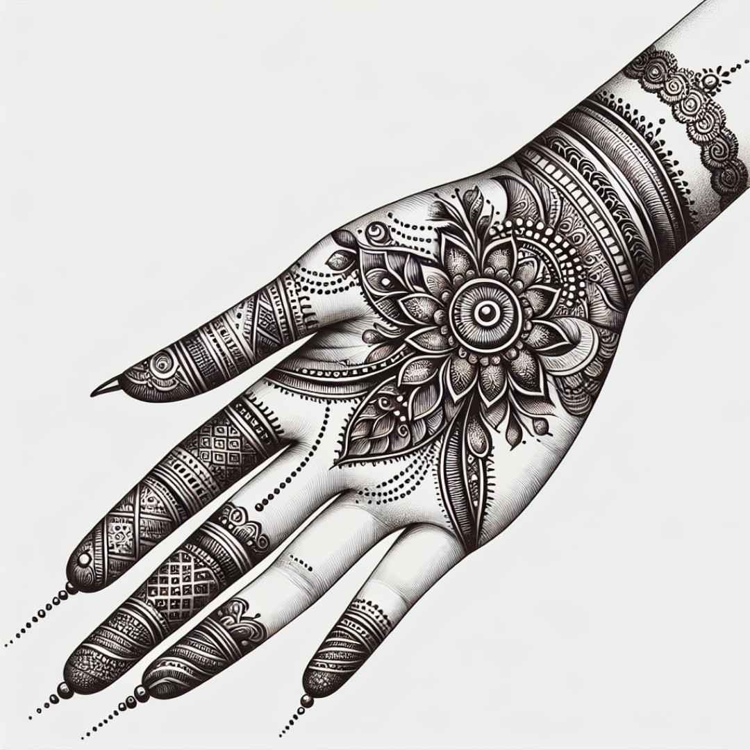 Detailed bridal Mehndi art, capturing elegance for mehndi captions for Instagram.