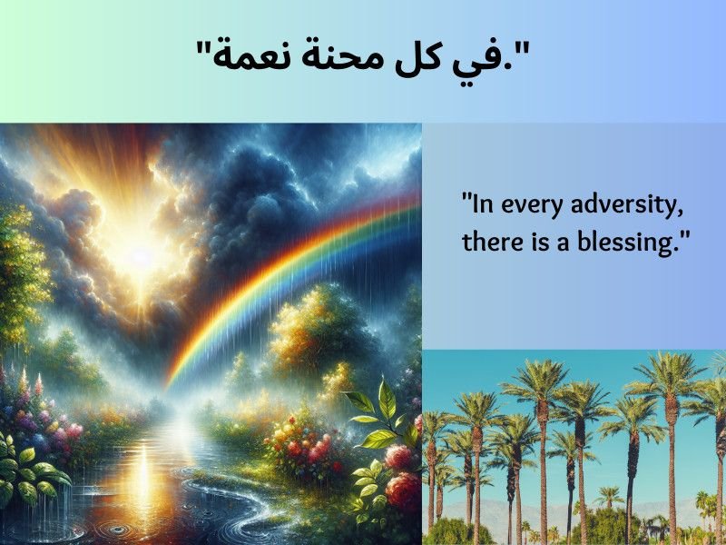 A rainbow over a stormy landscape with the Arabic quote "في كل محنة نعمة" and its English translation, “In every adversity, there is a blessing.”