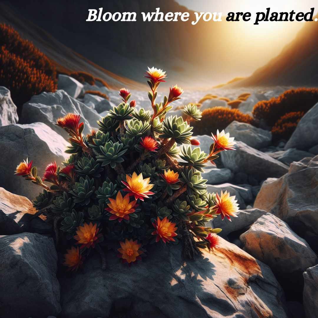 Resilient flower blooming among rocks with an inspirational quote.