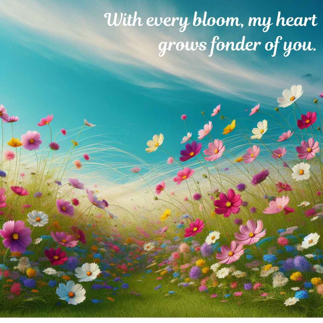 Colorful wildflowers blowing in the breeze under a blue sky with a romantic quote.