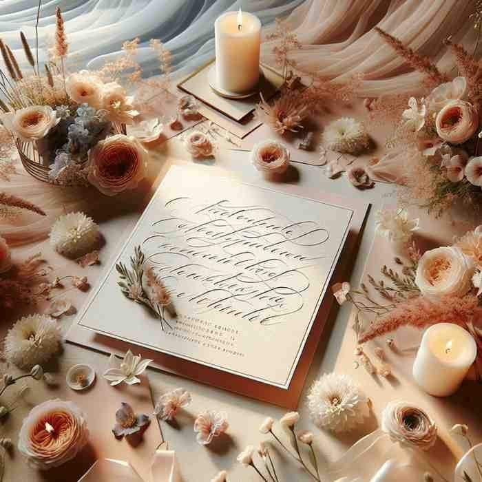Boho-themed wedding invitation surrounded by candles, flowers, and shells.