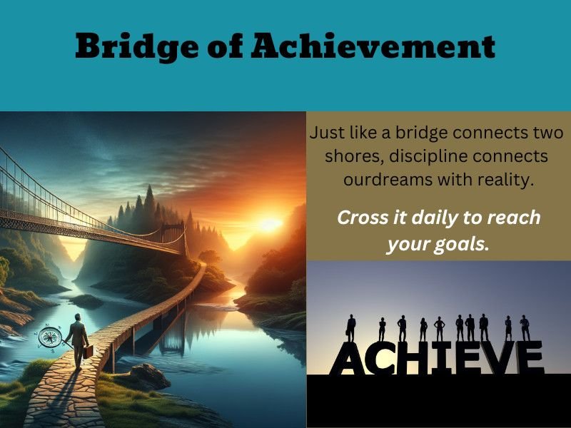 A person walks across a glowing bridge toward a castle, symbolizing discipline as the path to achievement.