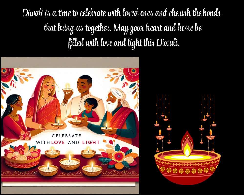 Diwali family celebration card with diyas and warm wishes.