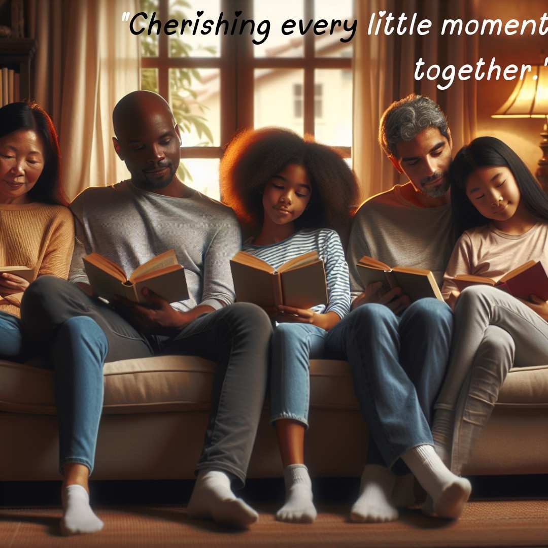 Family of five sitting on a couch reading books together in a cozy living room