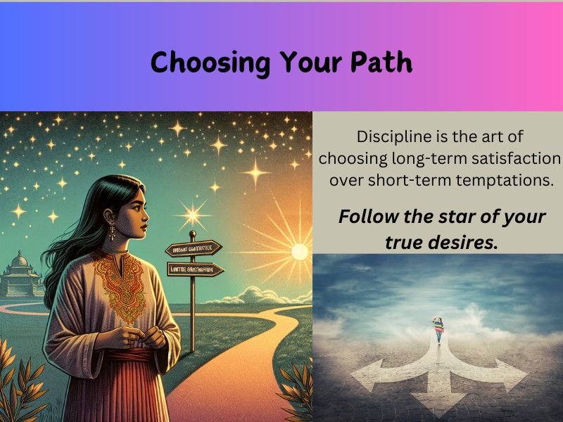 Woman at a crossroads with signs and motivational text about discipline and decision-making.