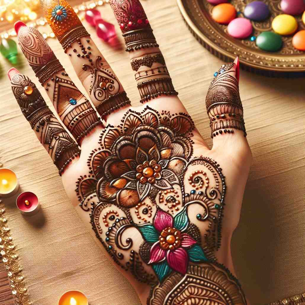 Hand adorned with colorful mehndi design surrounded by festive sweets and lights