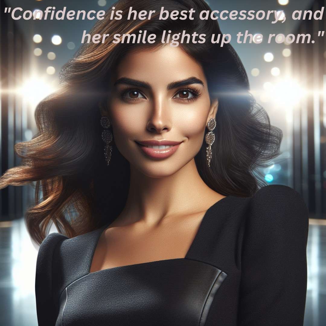 Confident and sexy girl with a charming smile in a stylish setting, suitable for smile captions for Instagram.