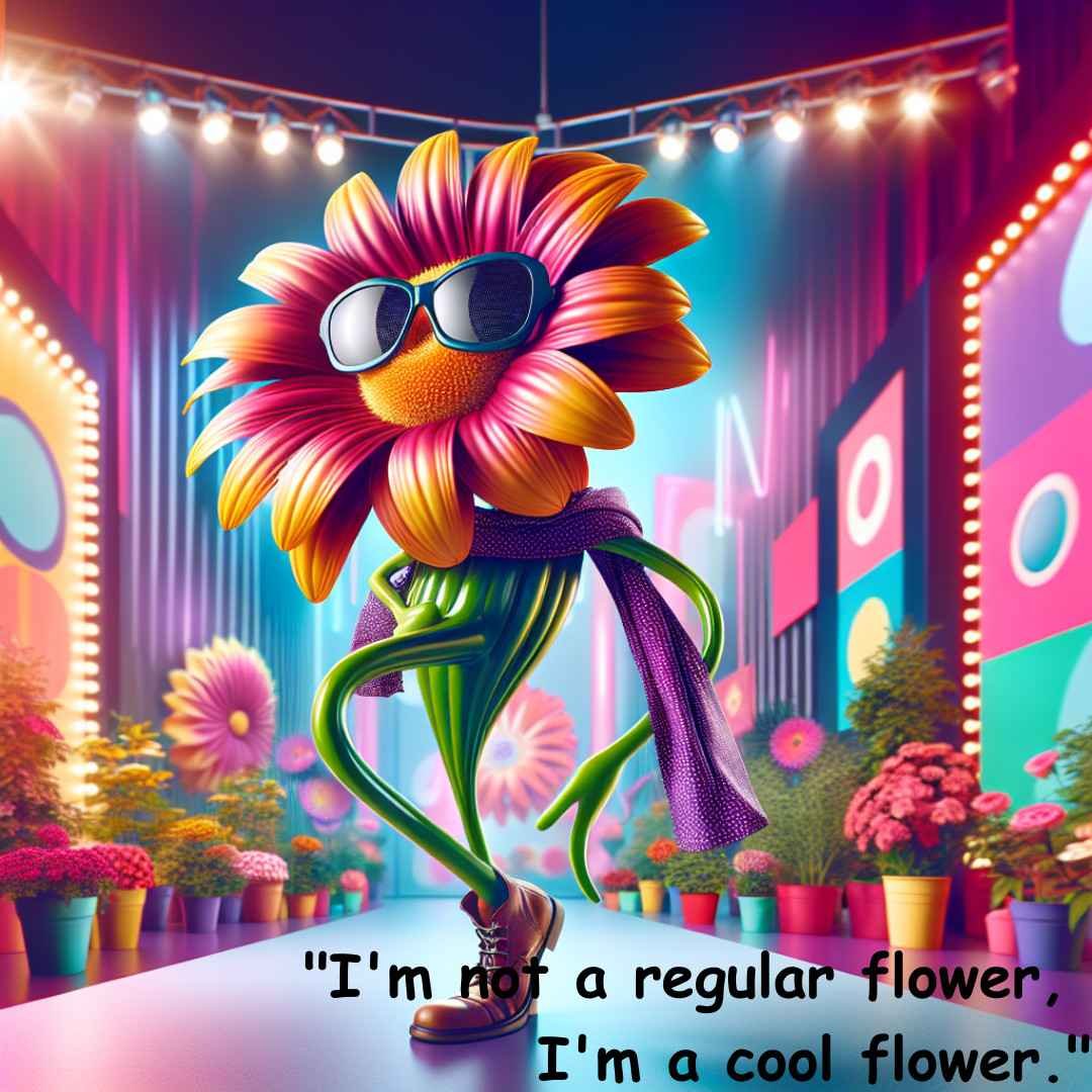 Stylish cartoon flower wearing sunglasses on a runway with a funny quote.