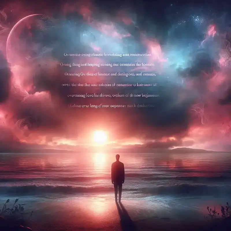 Man standing alone by a cosmic ocean sunset with inspirational quote in the sky.