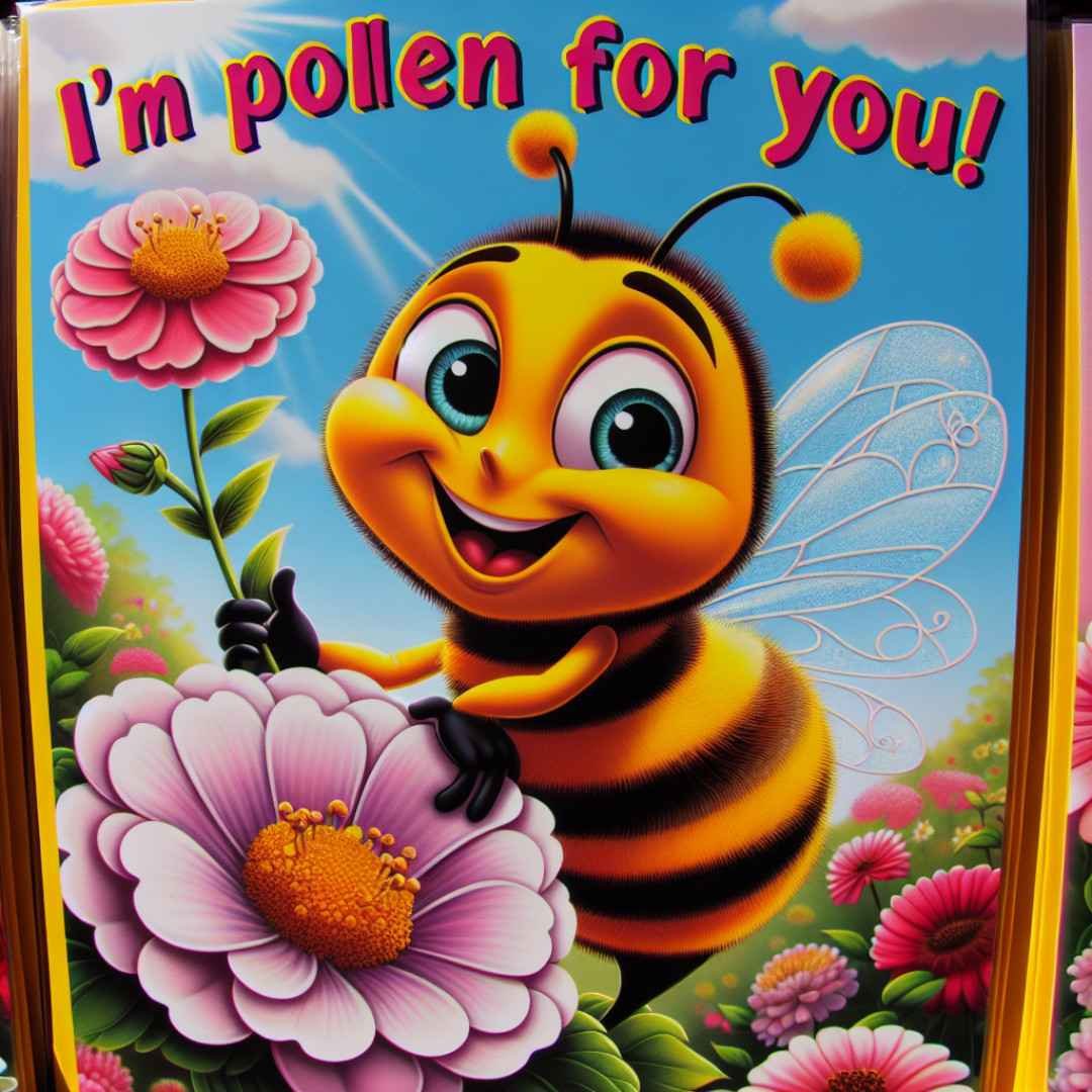 Cartoon bee with a big smile holding a flower. Caption: 'I'm pollen for you!'