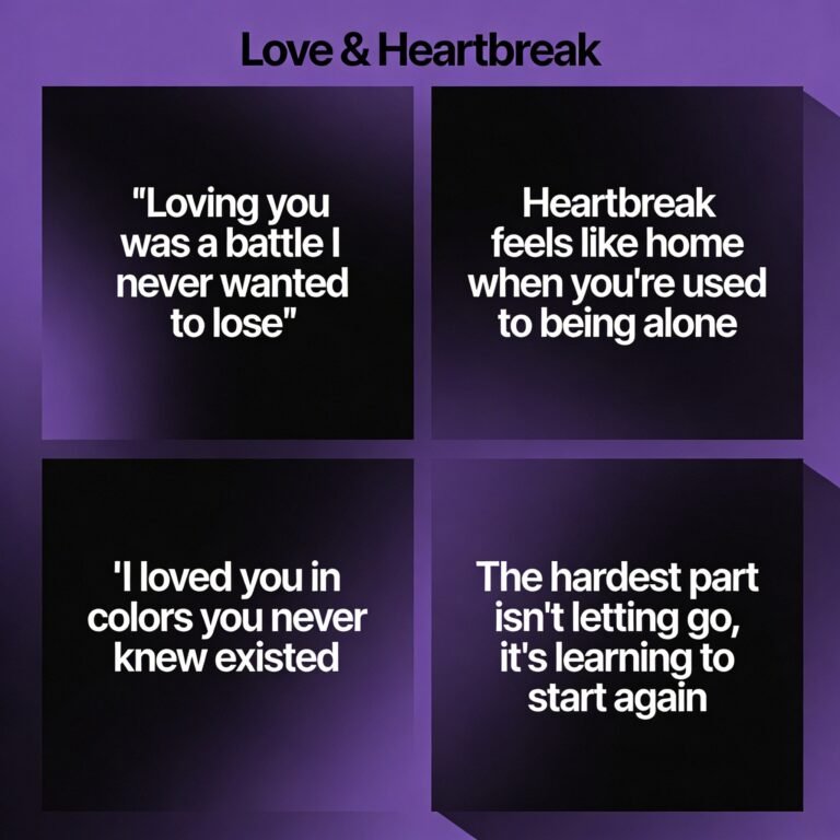 Love and heartbreak inspired quotes grid on dark gradient with bold font