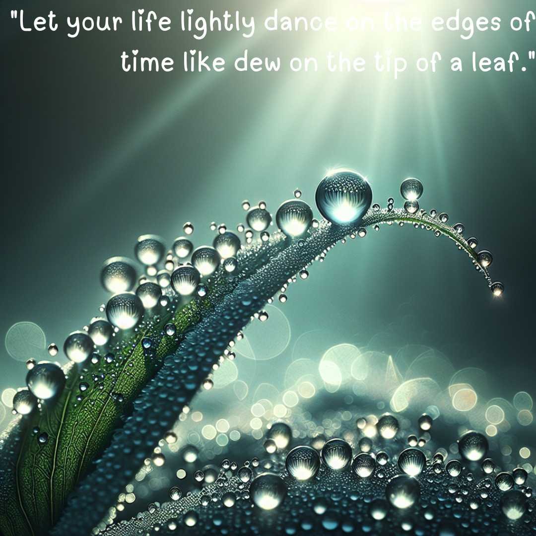 Dew on a leaf tip reflecting light, embodying lightness and grace.