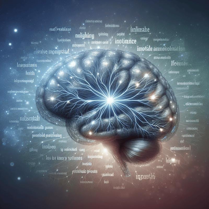 A glowing digital brain with neural connections and floating data points.
