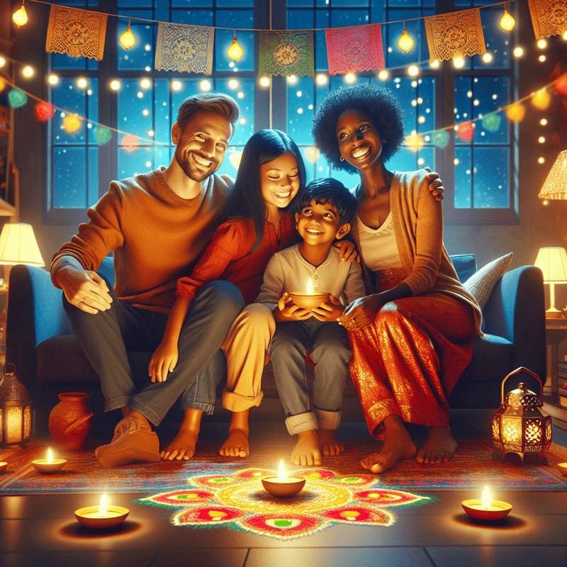 Diverse family lighting diyas and celebrating Diwali at home.