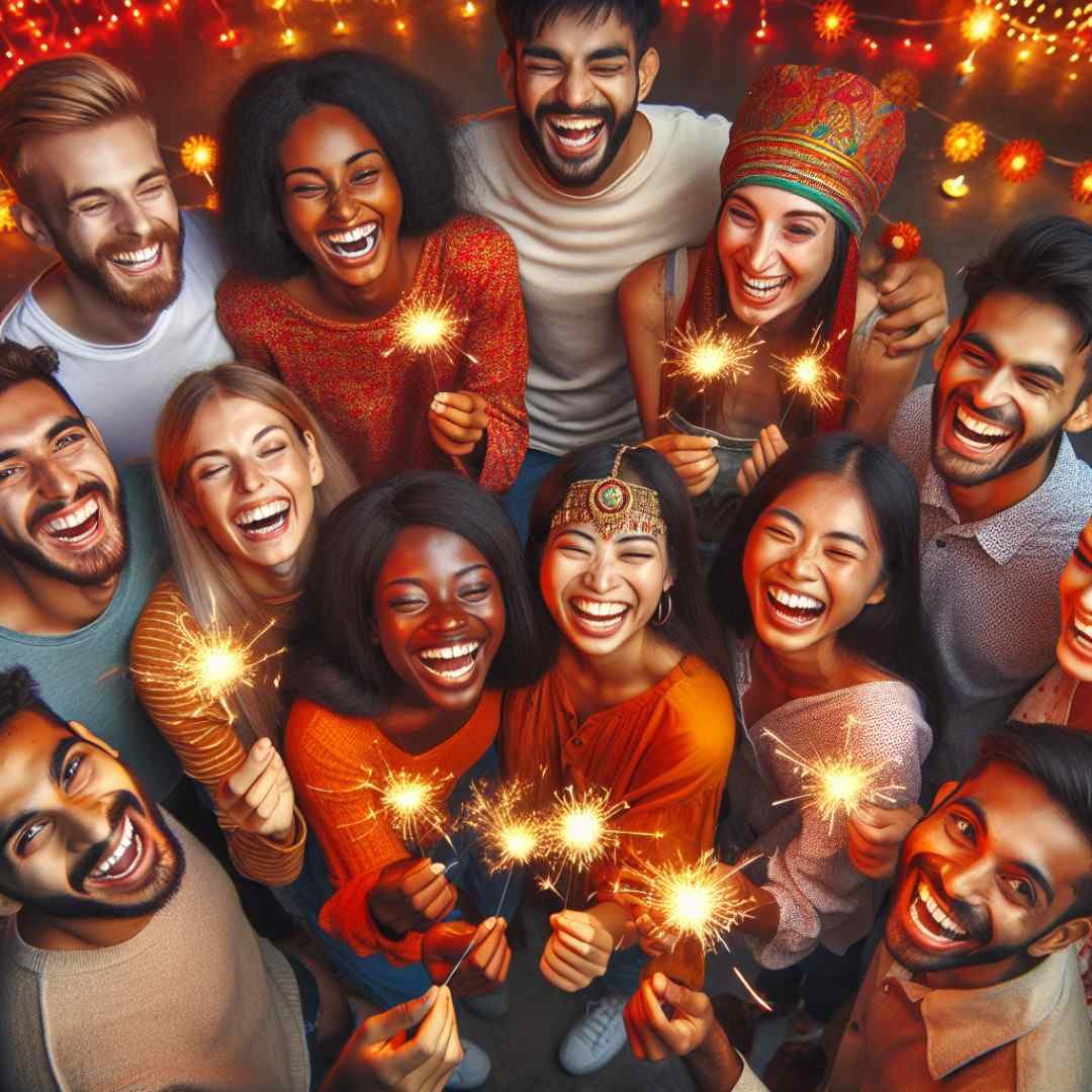 Diverse group of friends celebrating Diwali with sparklers and joyful expressions.