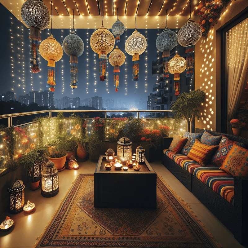 Cozy balcony decorated with Diwali lanterns and fairy lights at night.