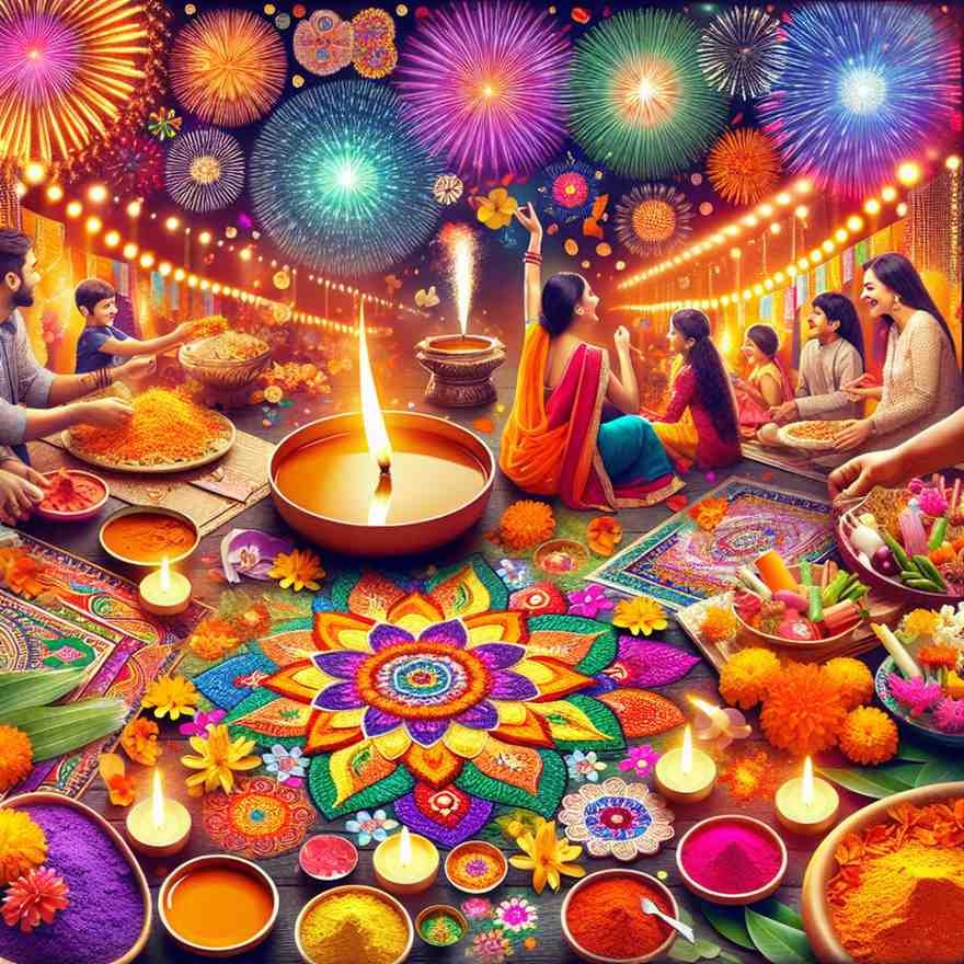 Colorful Diwali celebration with rangoli, diyas, food, and people in traditional attire.