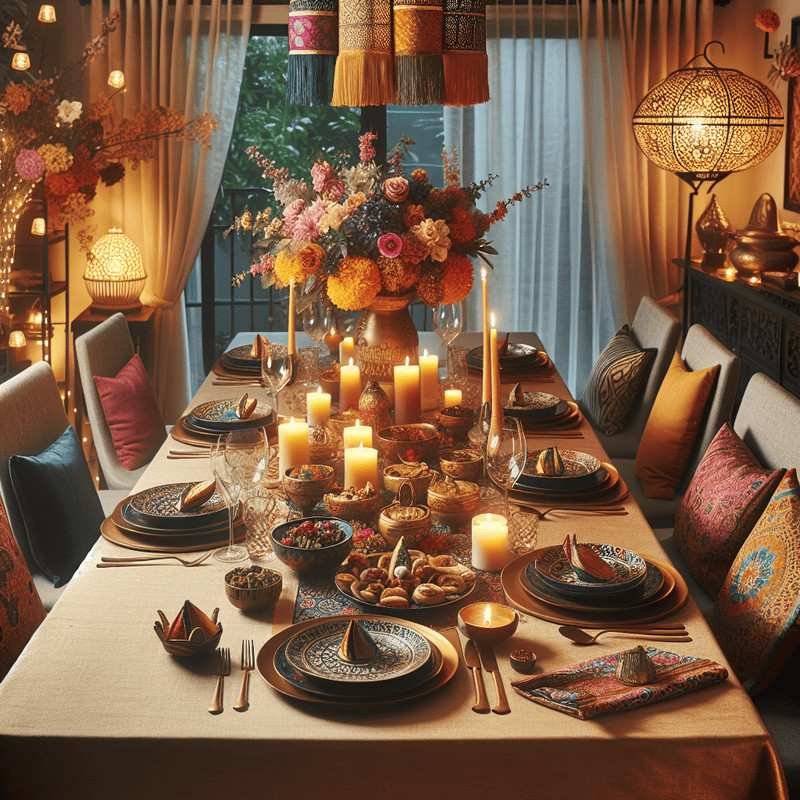 Elegant Diwali dining table setup with candles, flowers, and warm lighting.