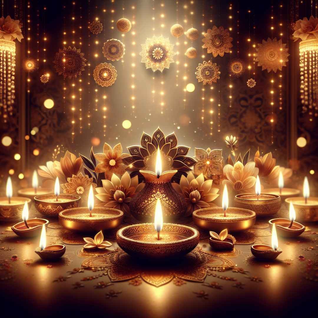 Lit diyas surrounded by flowers and golden Diwali decorations.