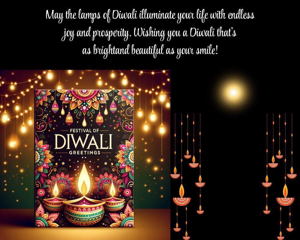 Colorful Diwali greeting card with glowing diyas and festive lights.