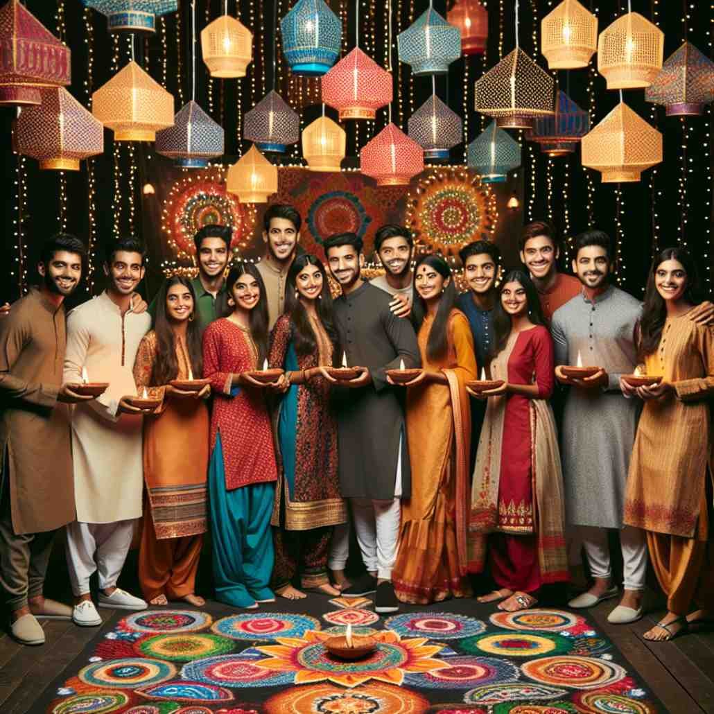 Friends in traditional attire posing in front of Diwali decorations with diyas, highlighting joy and unity.
