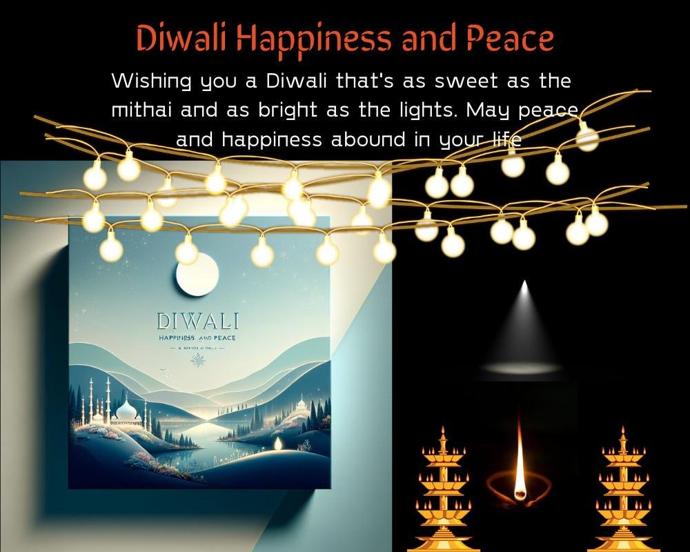 Diwali greeting with string lights, candles, and festive decorations.