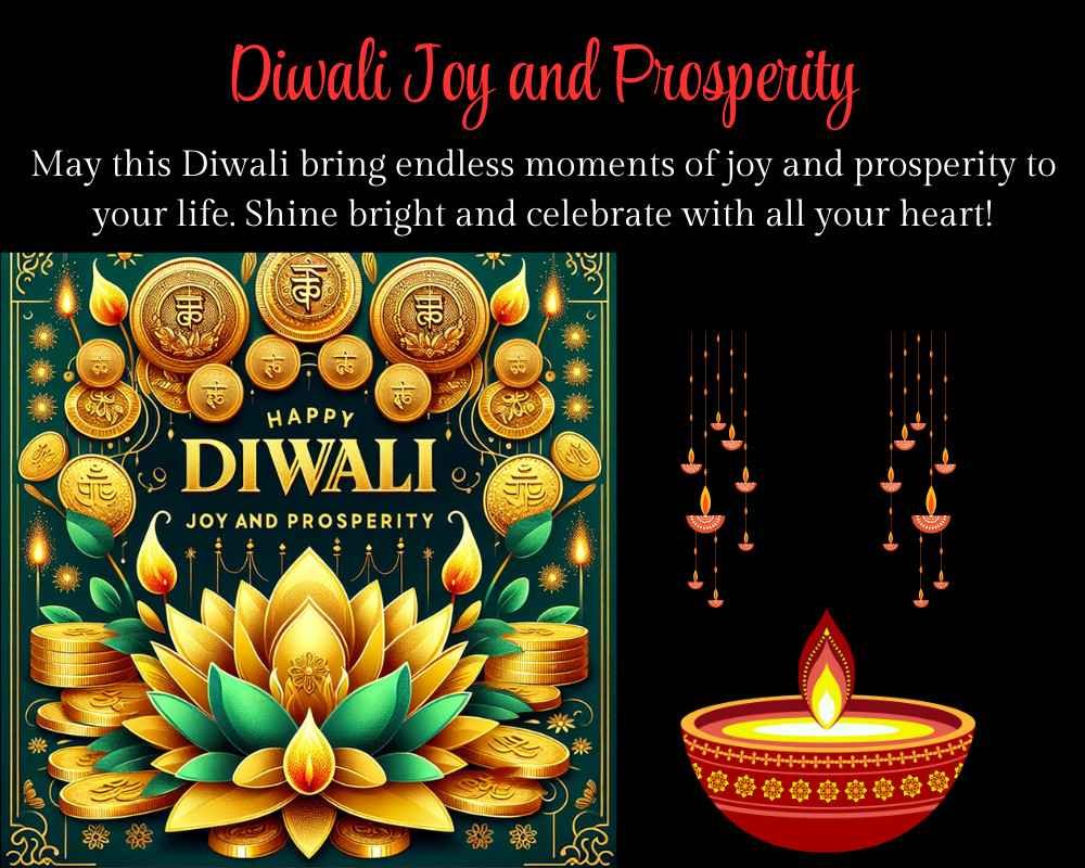 Diwali card with golden coins, lotus flower, and traditional diya.