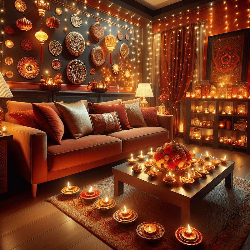 Cozy living room decorated with diyas and string lights for Diwali.