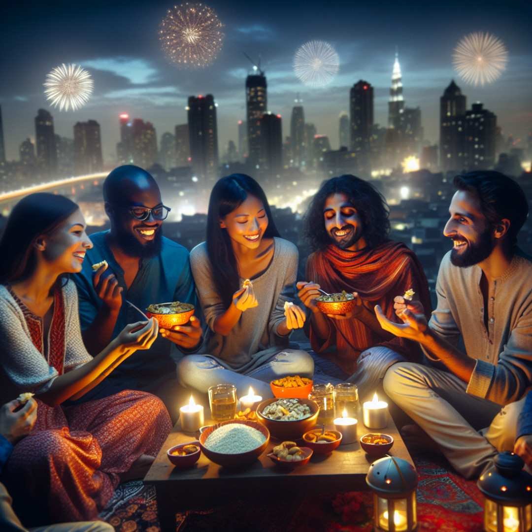 Friends on a rooftop during Diwali night, enjoying sweets under fireworks, showcasing warmth and camaraderie.
