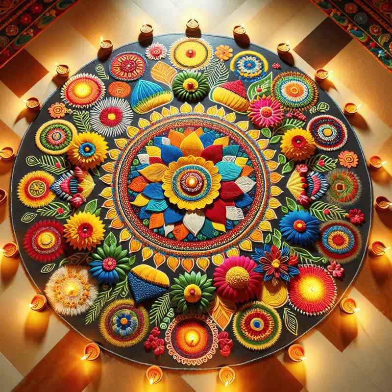 Colorful circular Diwali rangoli design surrounded by oil lamps.