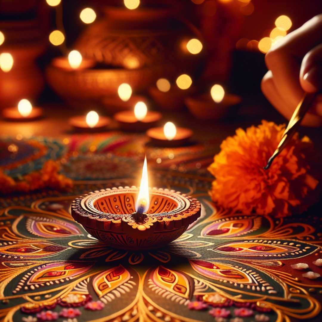 Traditional clay diya lit on colorful rangoli for Diwali celebration.