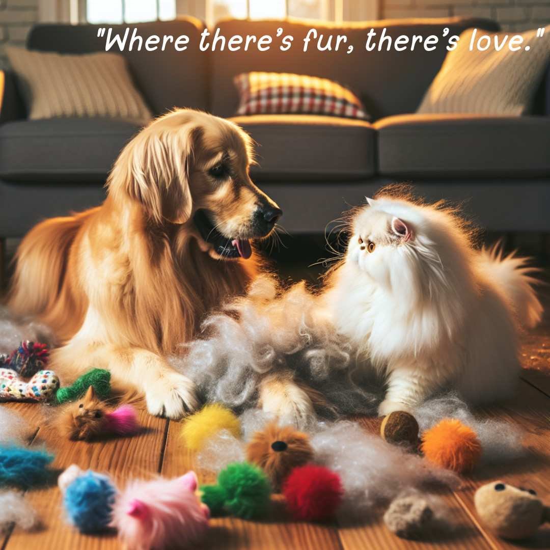 Golden retriever and fluffy white cat surrounded by colorful toys indoors