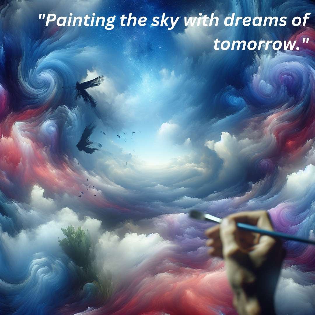 Hand painting a surreal sky filled with clouds and vibrant colors